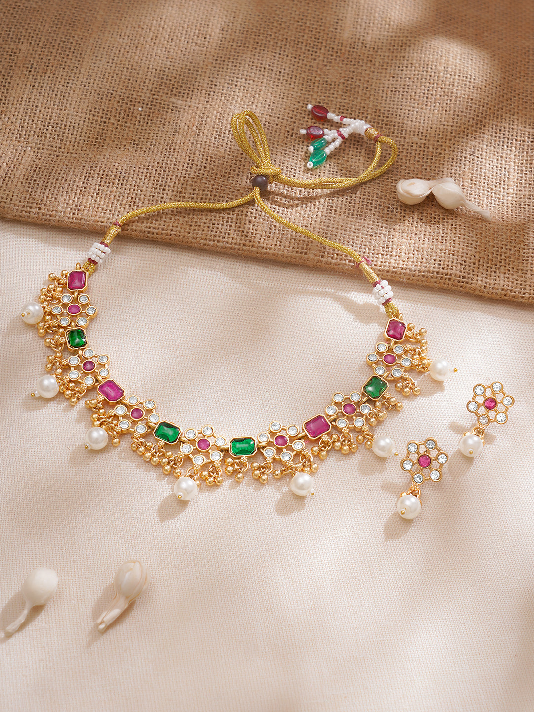 【Rubans】 Floral Edge Necklace Set in Green Pink｜フローラルエッジ ネックレスセット グリーン ピンク｜フリーサイズ