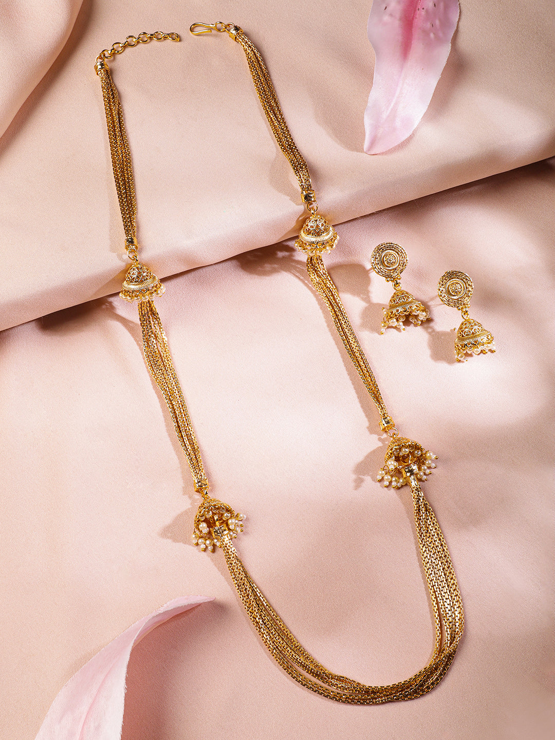 Rubans 22K Gold-Plated Multi-Strand Traditional Necklace Set with Jhumka Accents フリーサイズ