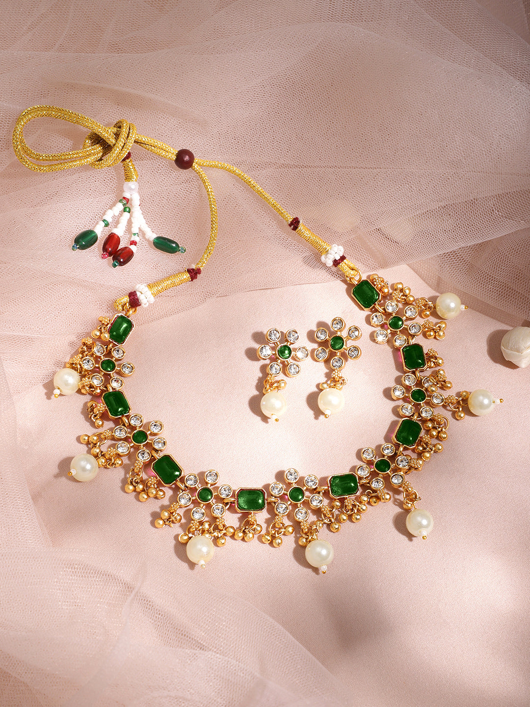 Floral Theme Kundan Green Necklace Set Gold