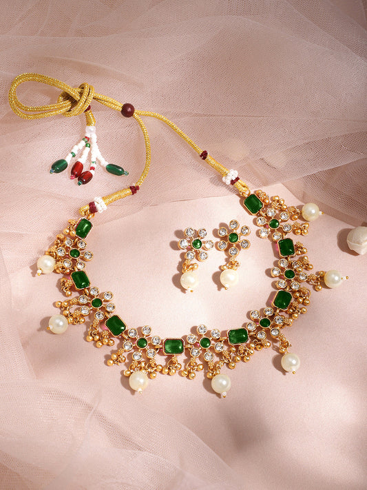 Floral Theme Kundan Green Necklace Set Gold