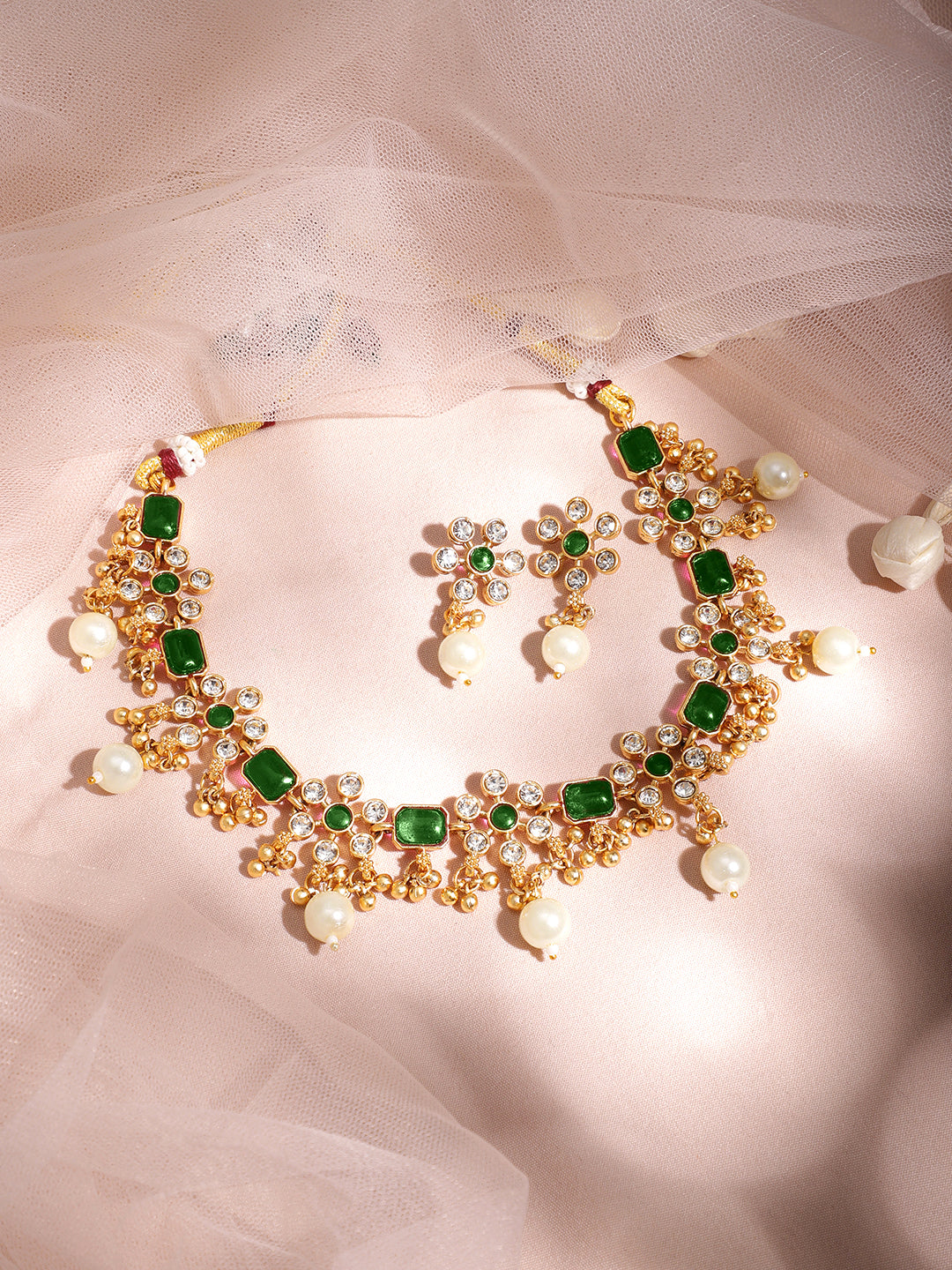 Floral Theme Kundan Green Necklace Set Gold