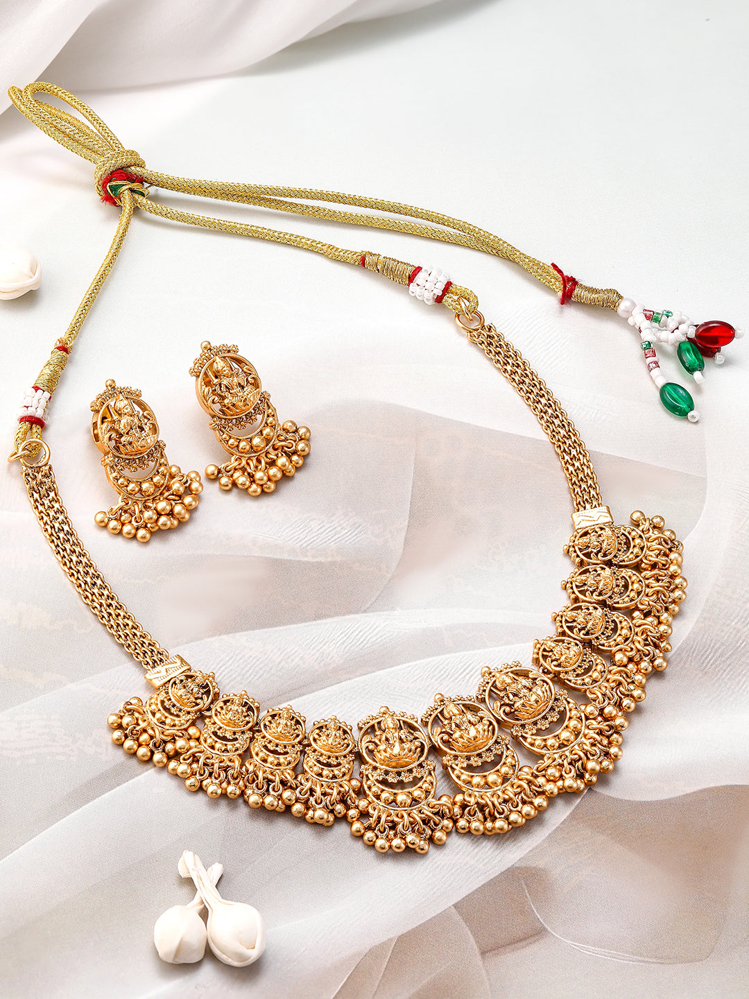 Laxmi Motif Temple Necklace Set Gold