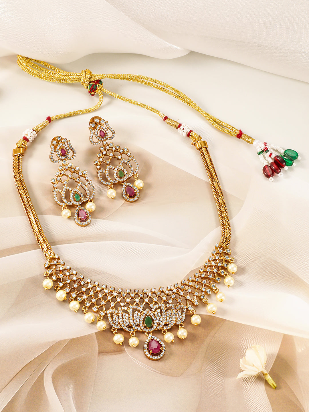 Lotus Motif American Diamond Zirconia Necklace Set Gold