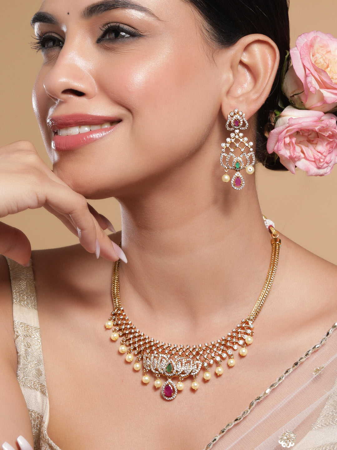 Lotus Motif American Diamond Zirconia Necklace Set Gold