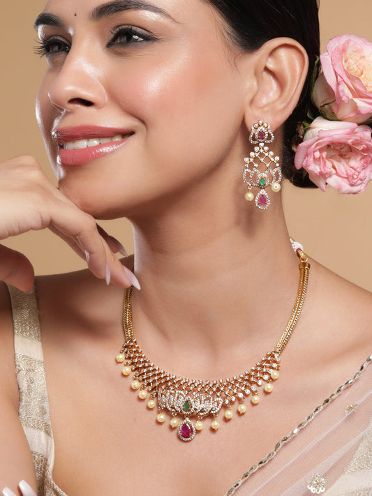 Lotus Motif American Diamond Zirconia Necklace Set Gold