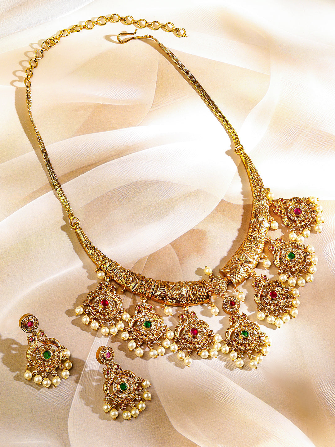Red & Green Studded Pearl Golden Necklace Set フリーサイズ