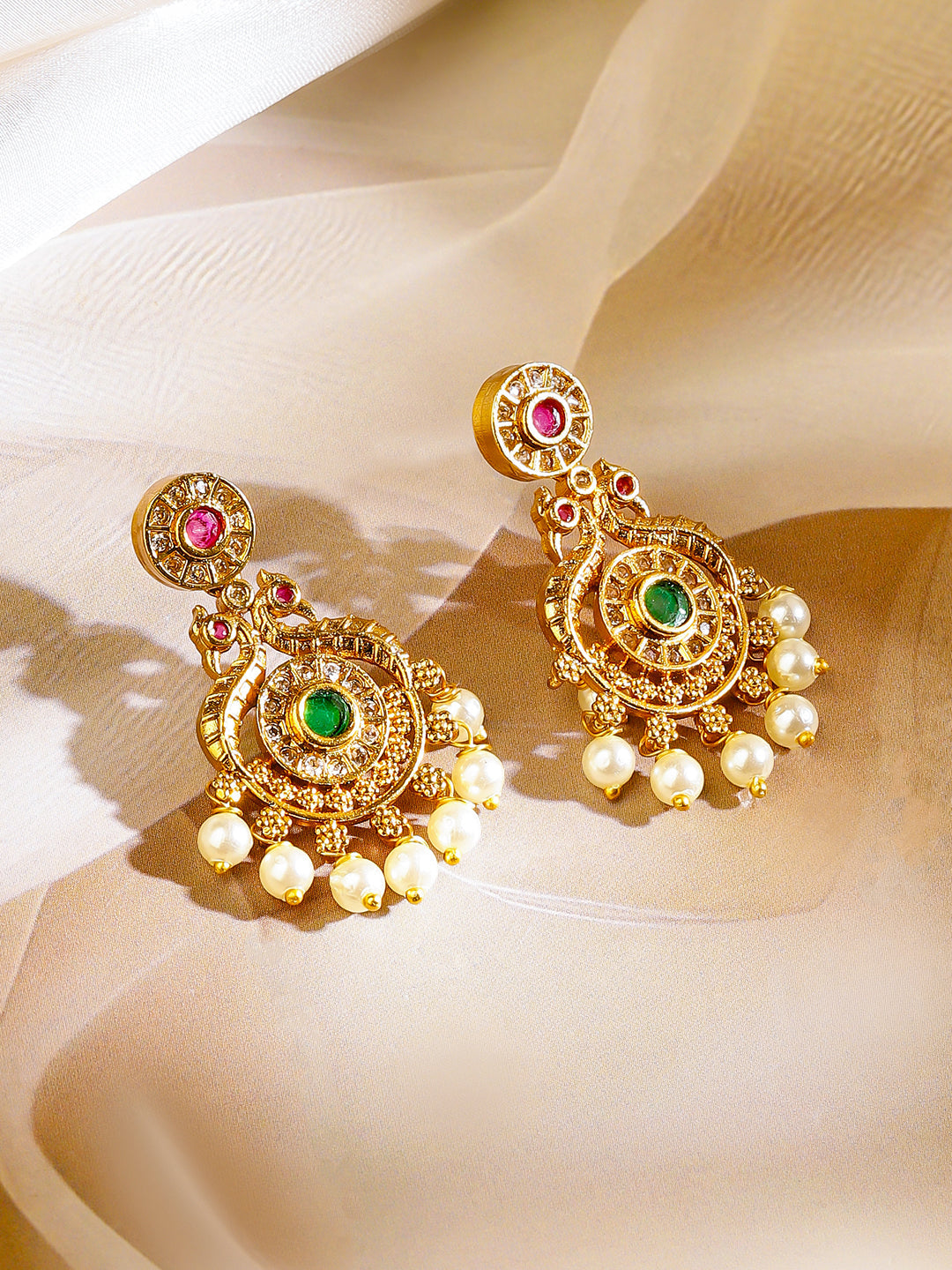 Red & Green Studded Pearl Golden Necklace Set フリーサイズ