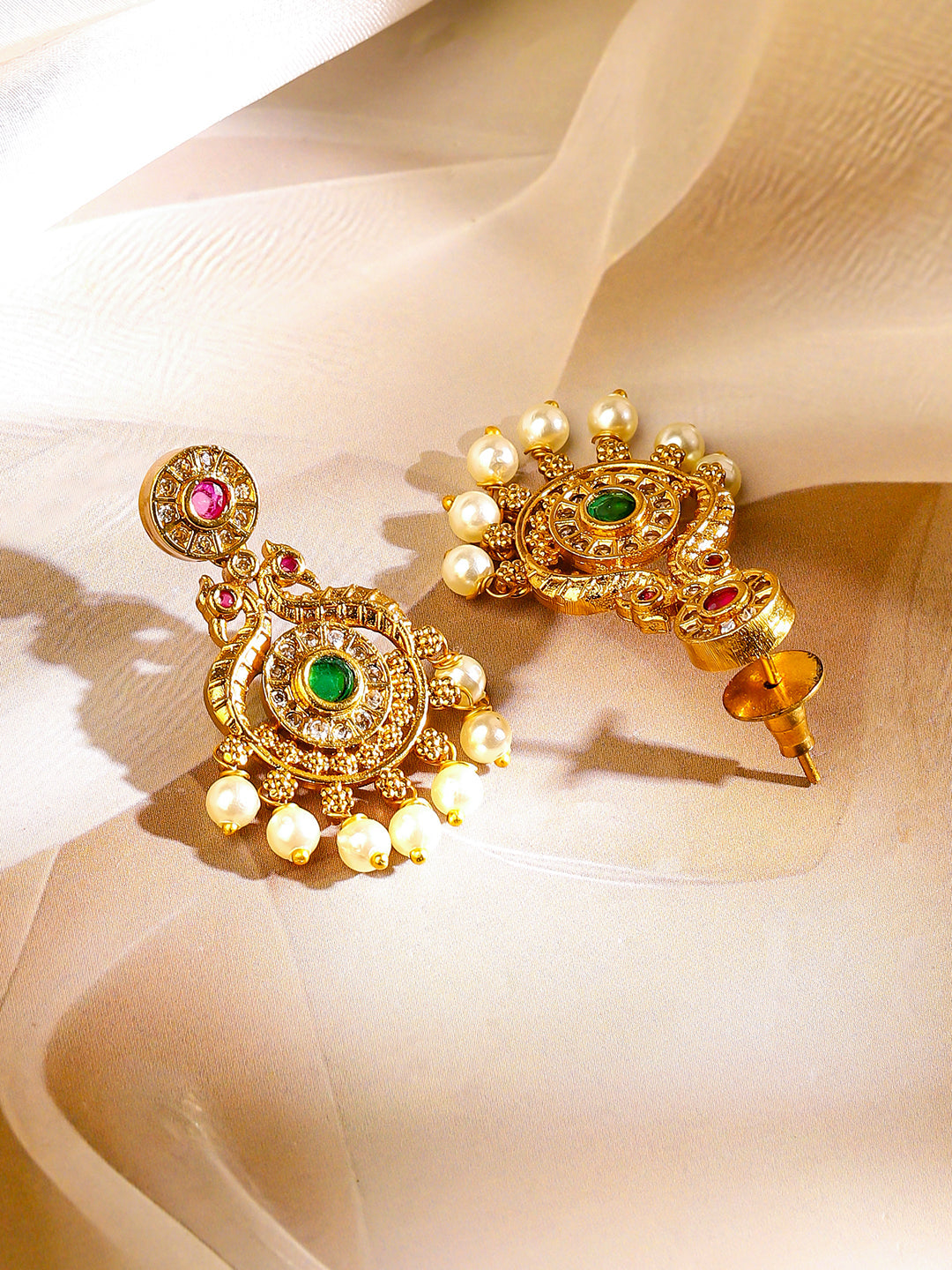 Red & Green Studded Pearl Golden Necklace Set フリーサイズ