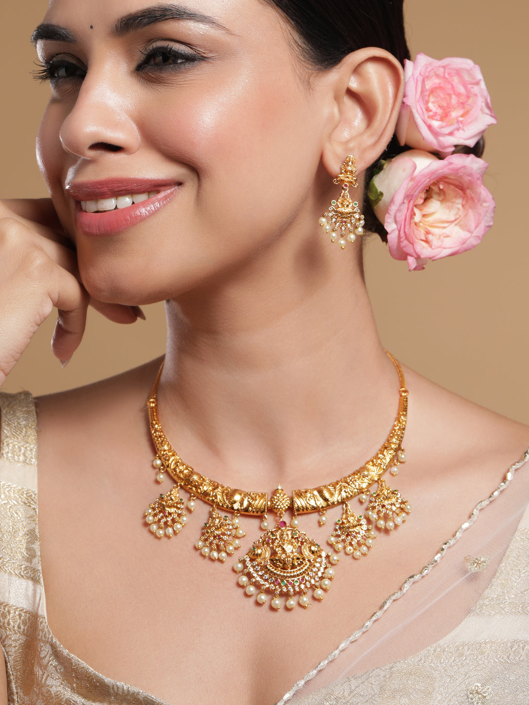 American Diamond Zirconia Necklace Set with Laxmi Motif Gold