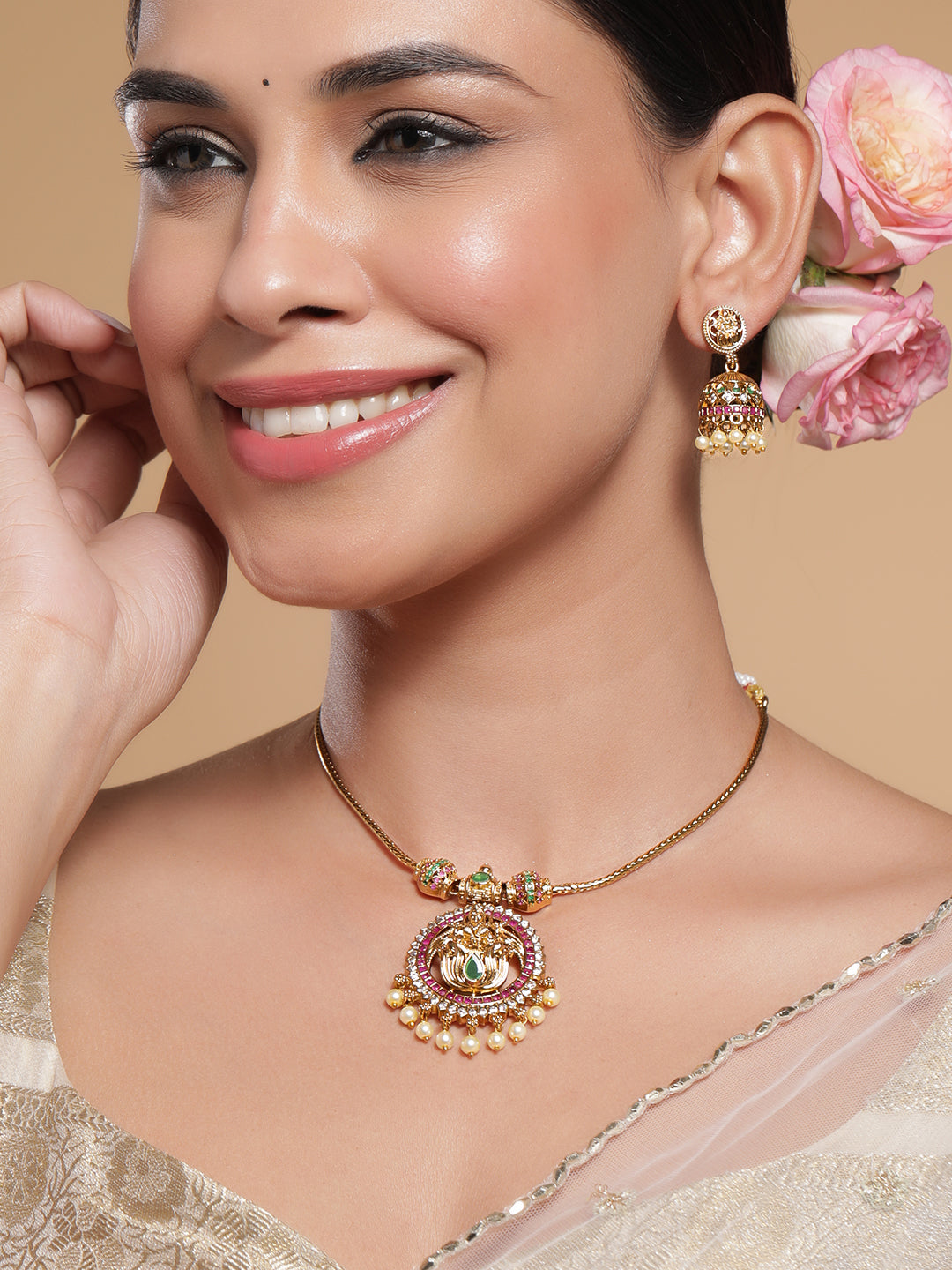 Multicolor Laxmi Motif Golden Pearl Necklace Set Gold