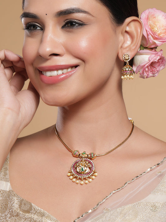 Multicolor Laxmi Motif Golden Pearl Necklace Set Gold