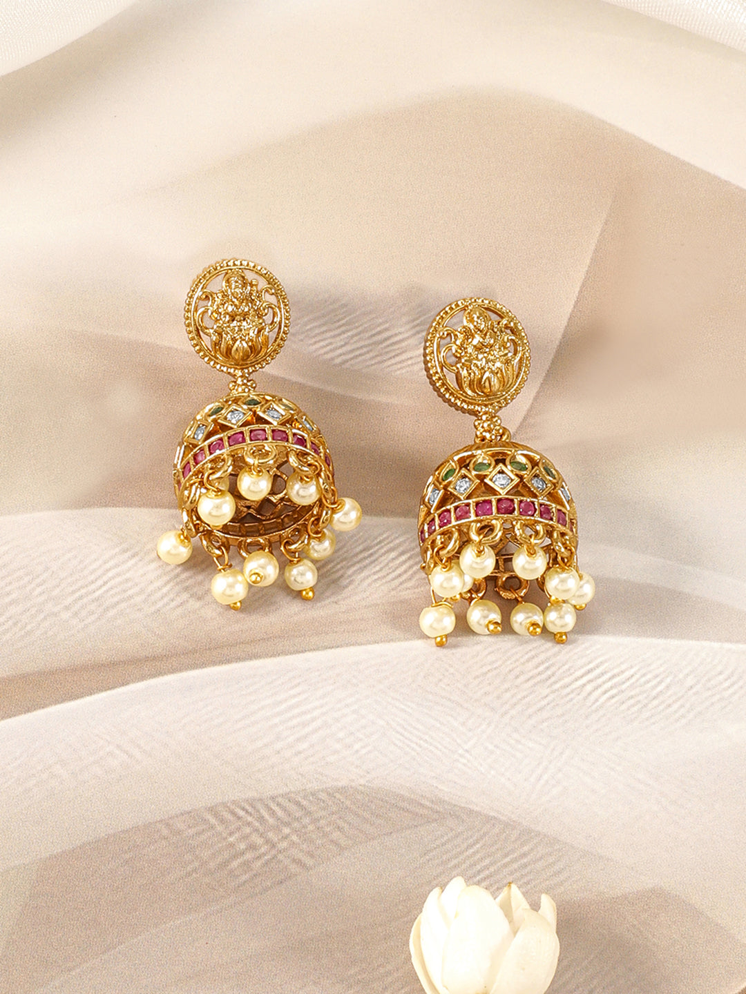 Multicolor Laxmi Motif Golden Pearl Necklace Set Gold