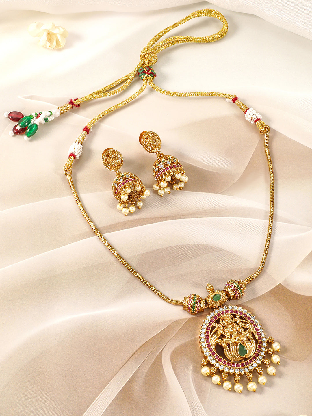 Multicolor Laxmi Motif Golden Pearl Necklace Set Gold