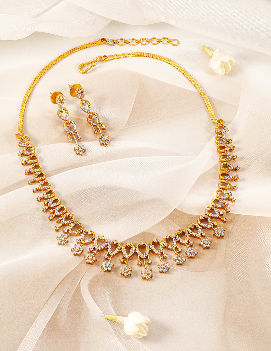 Floral Necklace Set in American Diamond Zirconia Gold