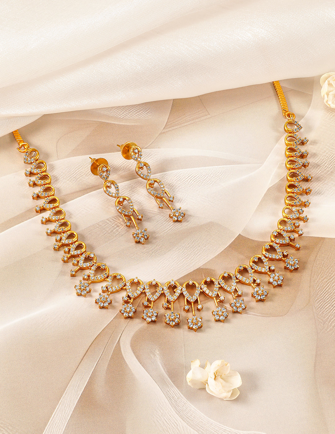 Floral Necklace Set in American Diamond Zirconia Gold