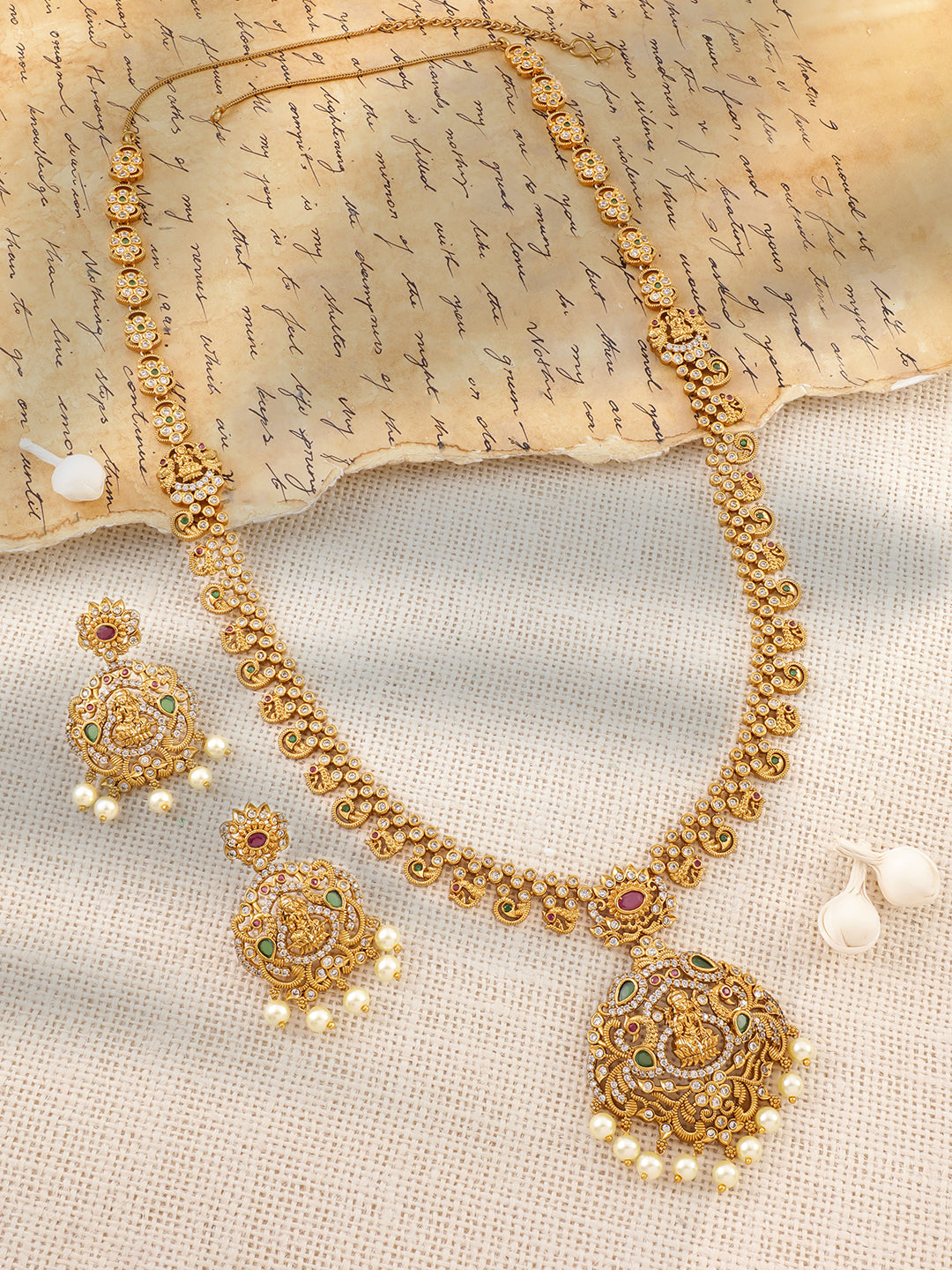 Gold Studded Temple Necklace Set フリーサイズ