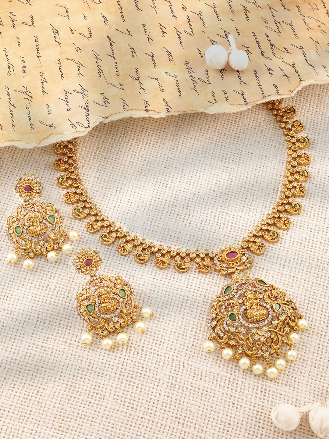 Gold Studded Temple Necklace Set フリーサイズ