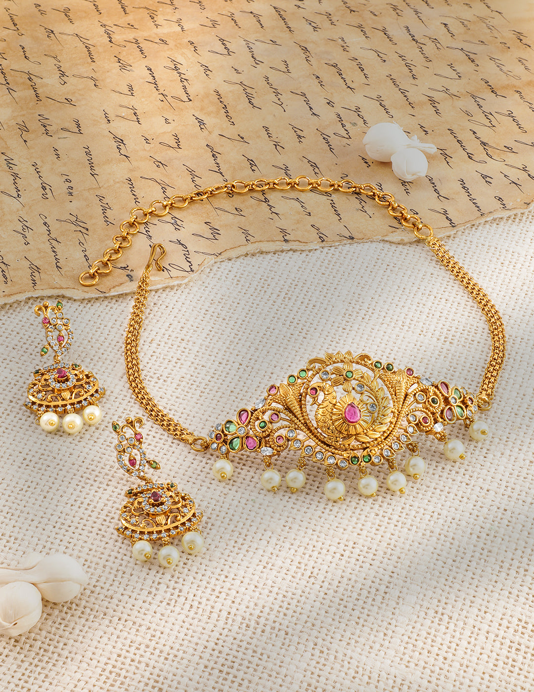 Peacock Motif Multicolor Studded Necklace Set Gold