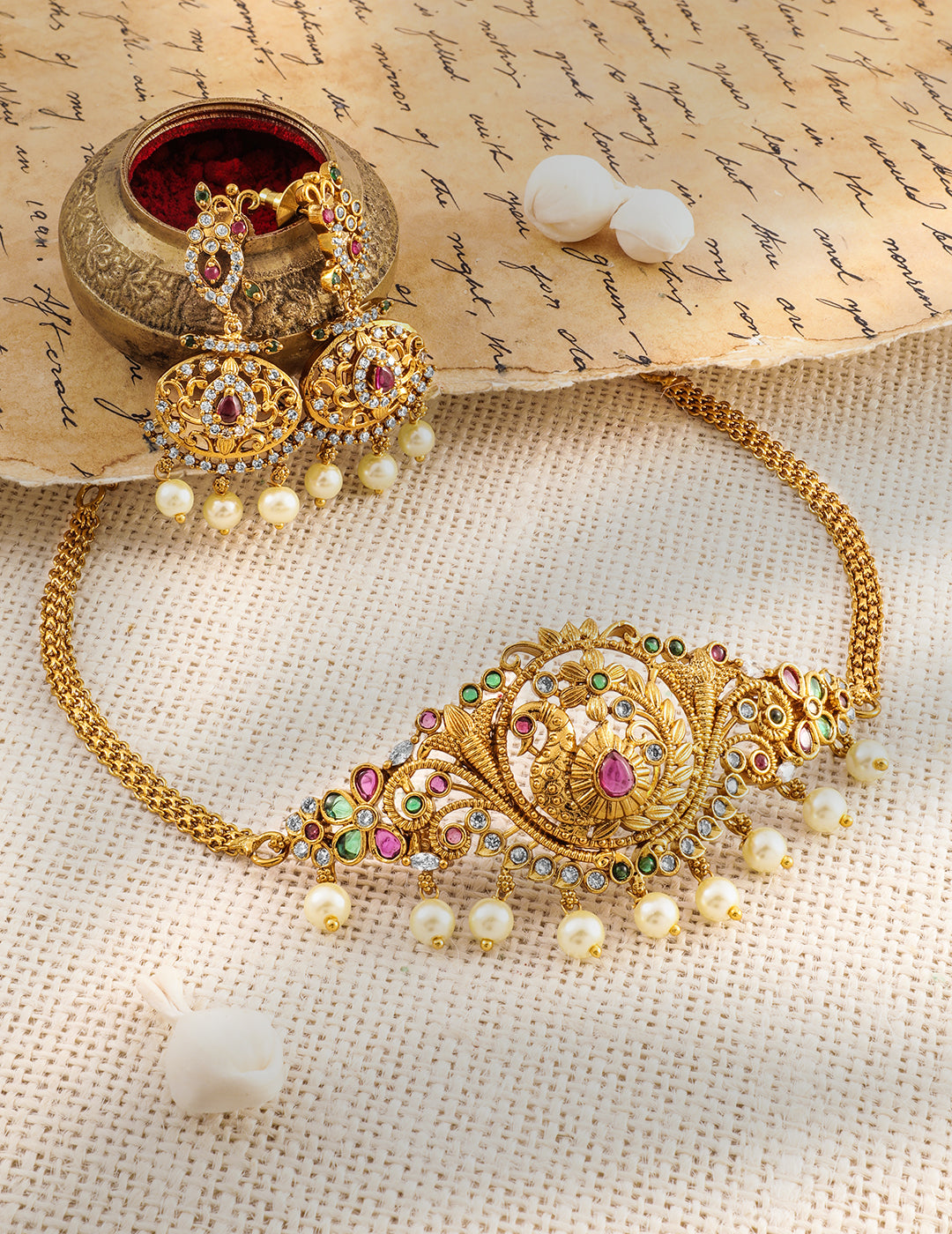 Peacock Motif Multicolor Studded Necklace Set Gold