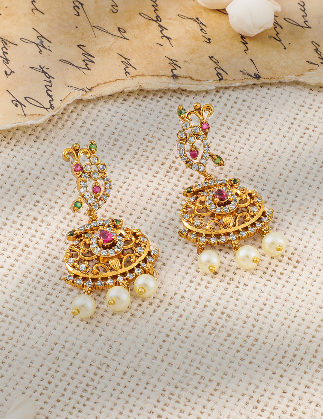Peacock Motif Multicolor Studded Necklace Set Gold