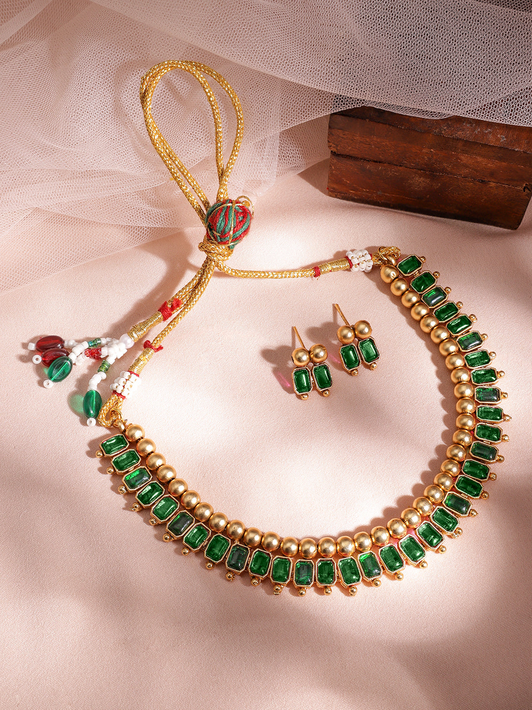 Emerald Studded Gold Beads Necklace Set Multicolor