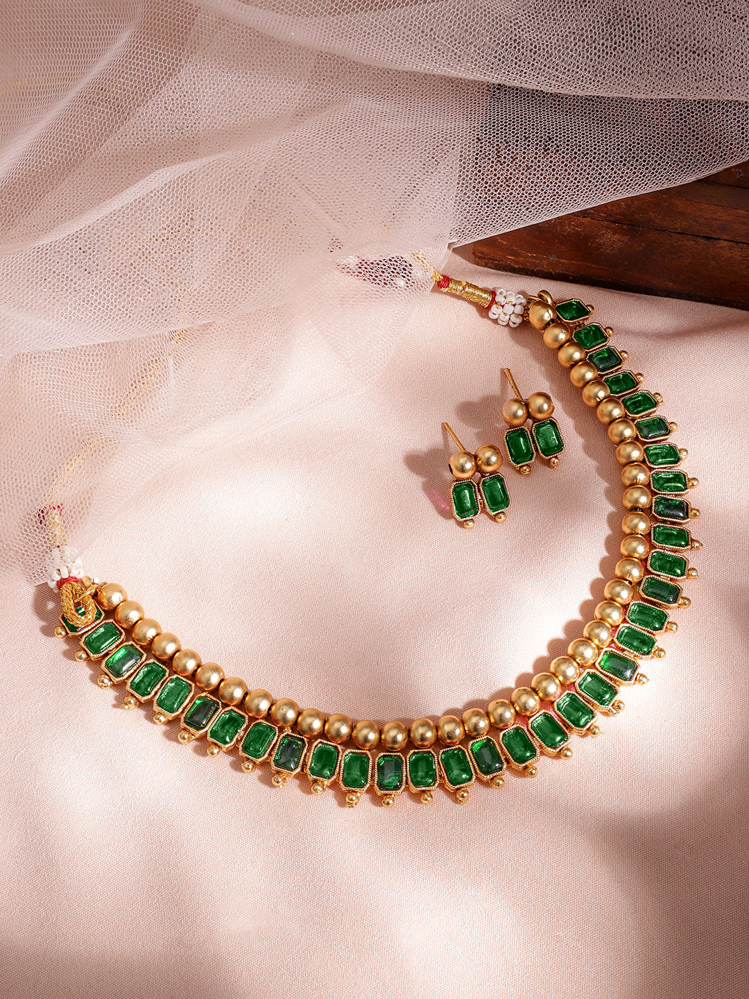 Emerald Studded Gold Beads Necklace Set Green
