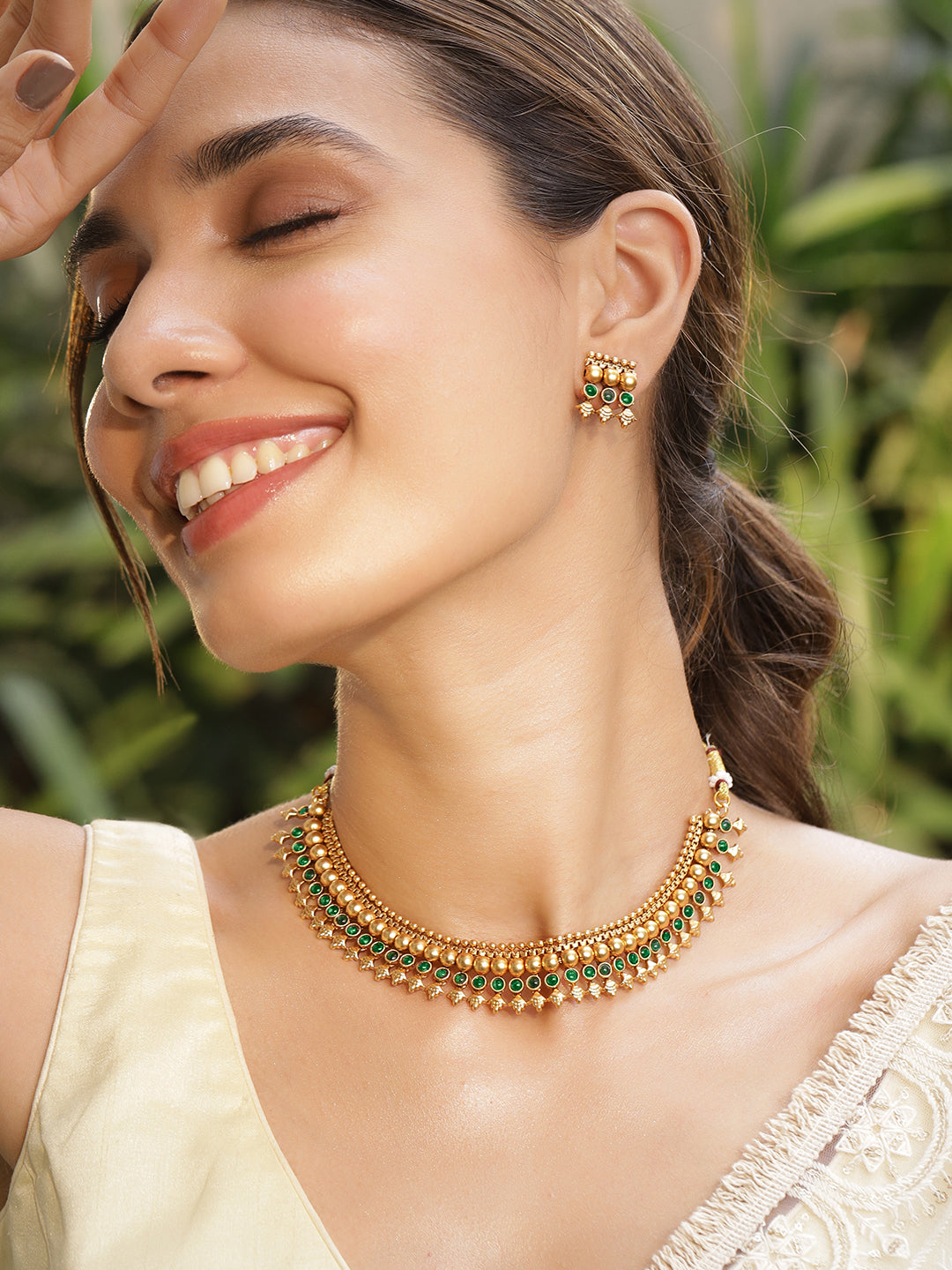 Green Studded Golden Beads Necklace Set Multicolor
