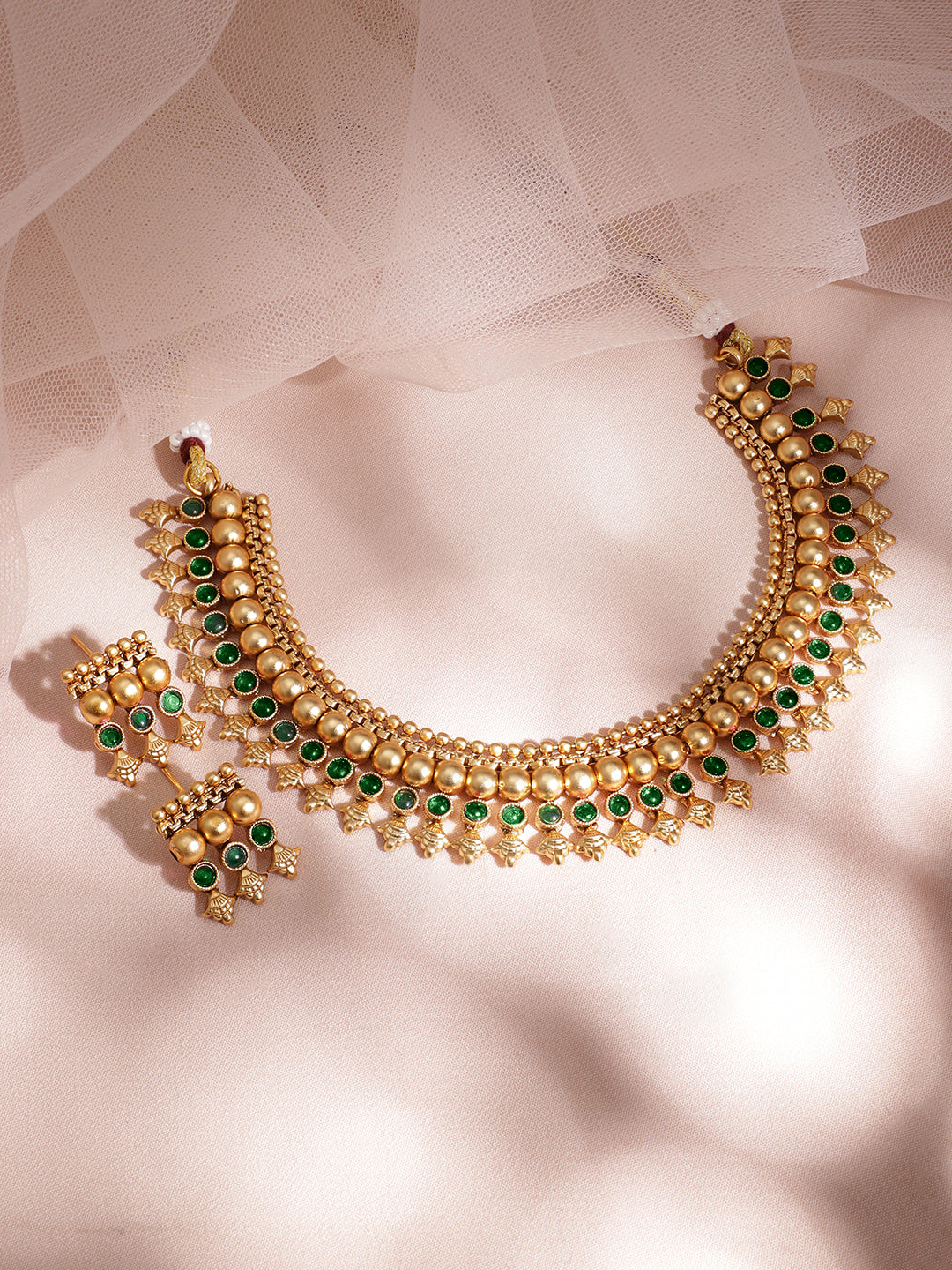 Green Studded Golden Beads Necklace Set Multicolor