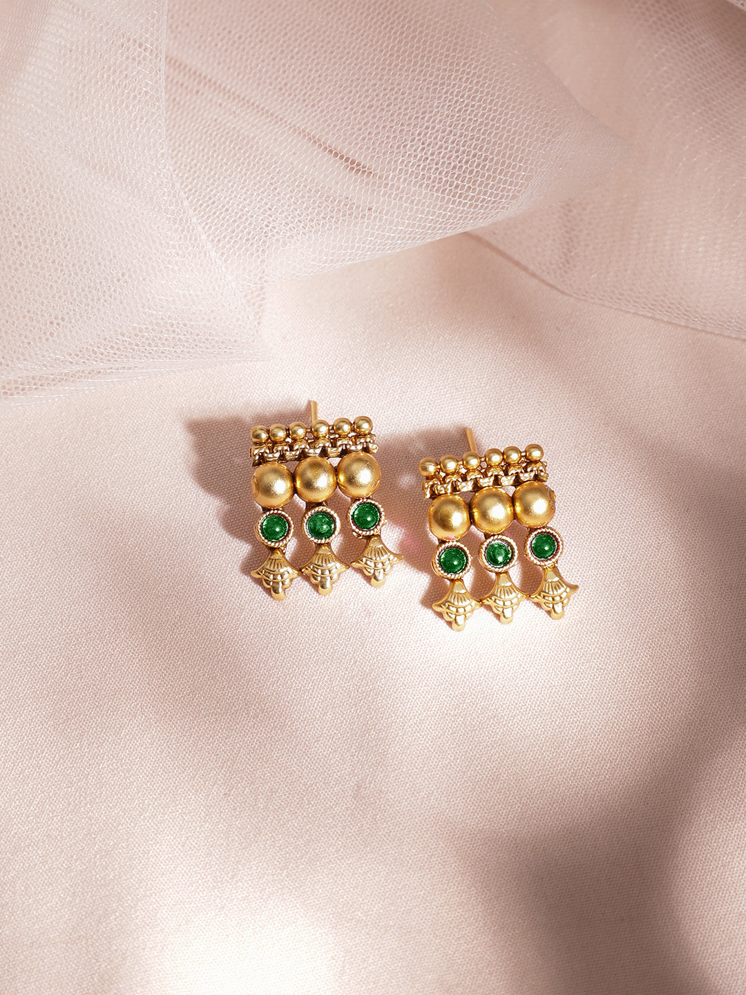 Green Studded Golden Beads Necklace Set Multicolor