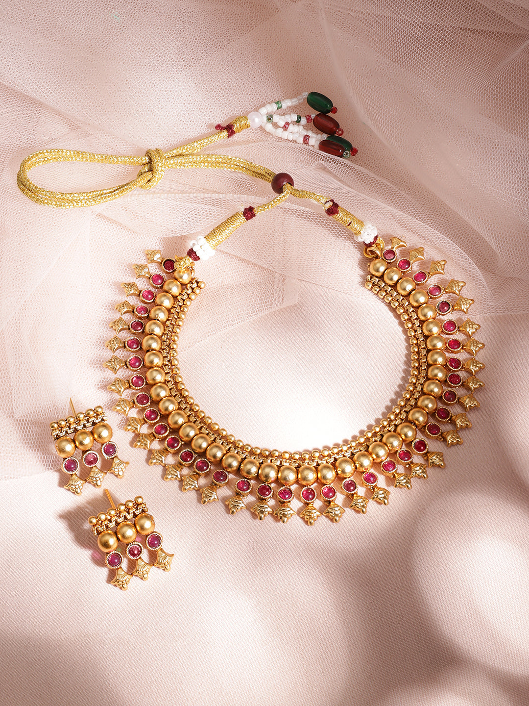 Green Studded Golden Beads Necklace Set Multicolor