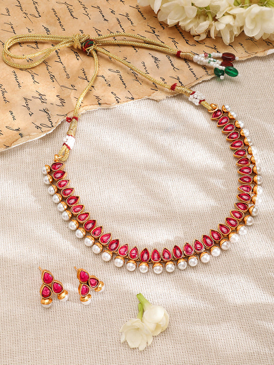 Ruby Studded Pearl Drop Necklace Set フリーサイズ