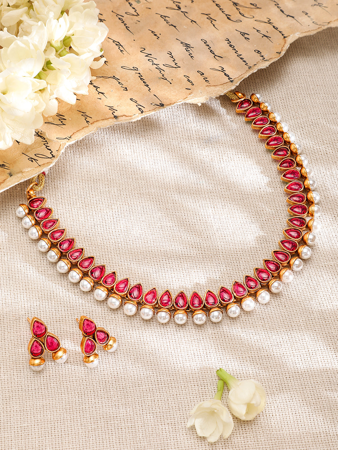 Ruby Studded Pearl Drop Necklace Set フリーサイズ