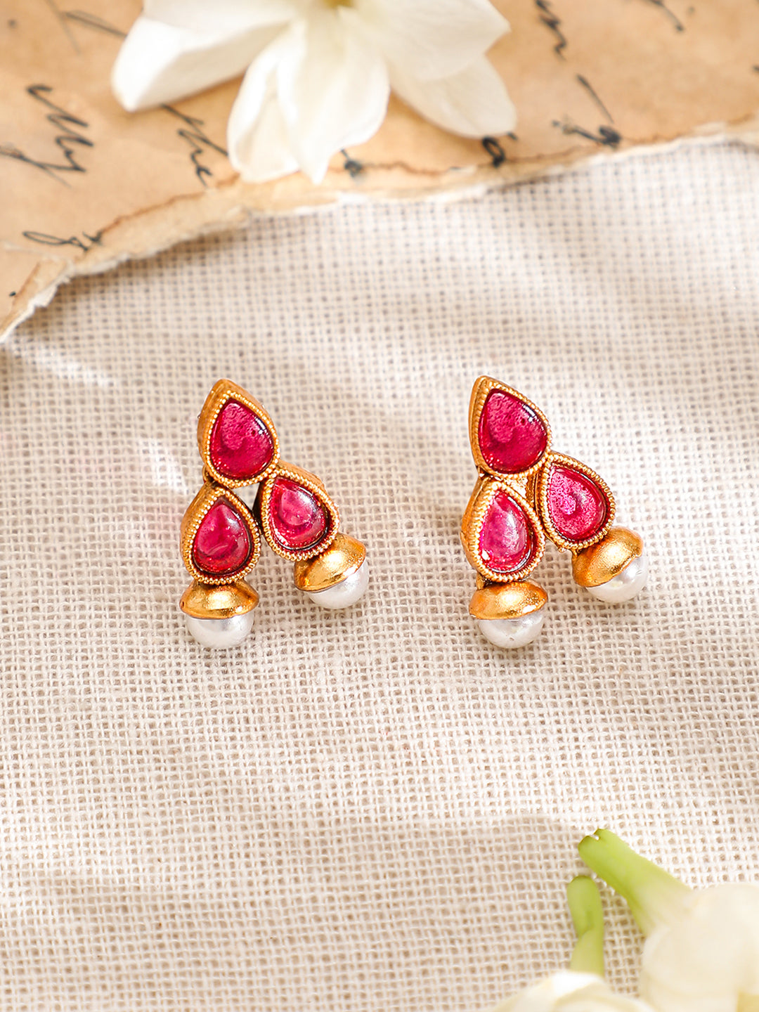 Ruby Studded Pearl Drop Necklace Set フリーサイズ