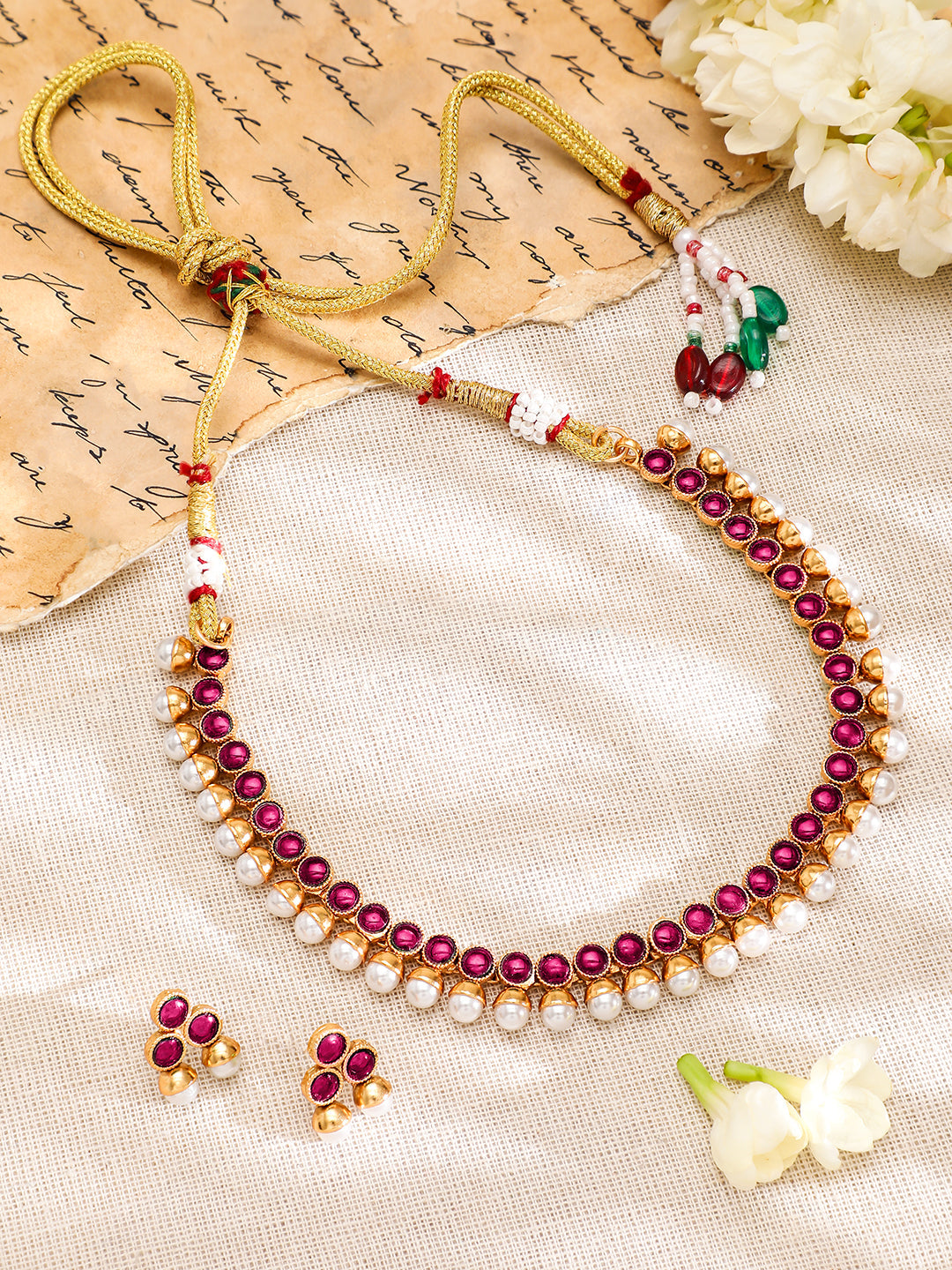 Ruby Pink Studded Pearl Beaded Necklace Set フリーサイズ