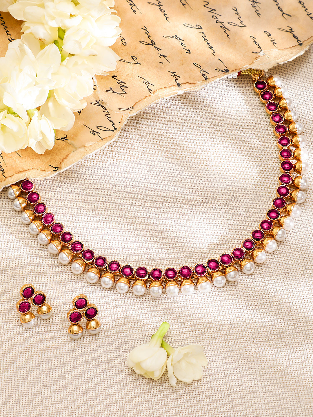 Ruby Pink Studded Pearl Beaded Necklace Set フリーサイズ