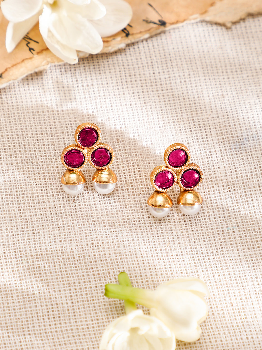 Ruby Pink Studded Pearl Beaded Necklace Set フリーサイズ