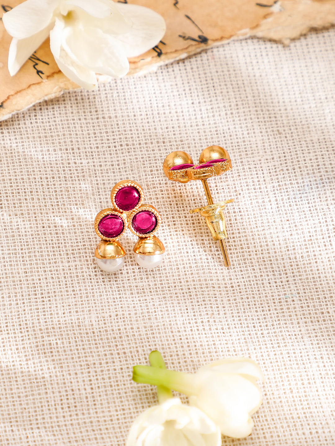 Ruby Pink Studded Pearl Beaded Necklace Set フリーサイズ
