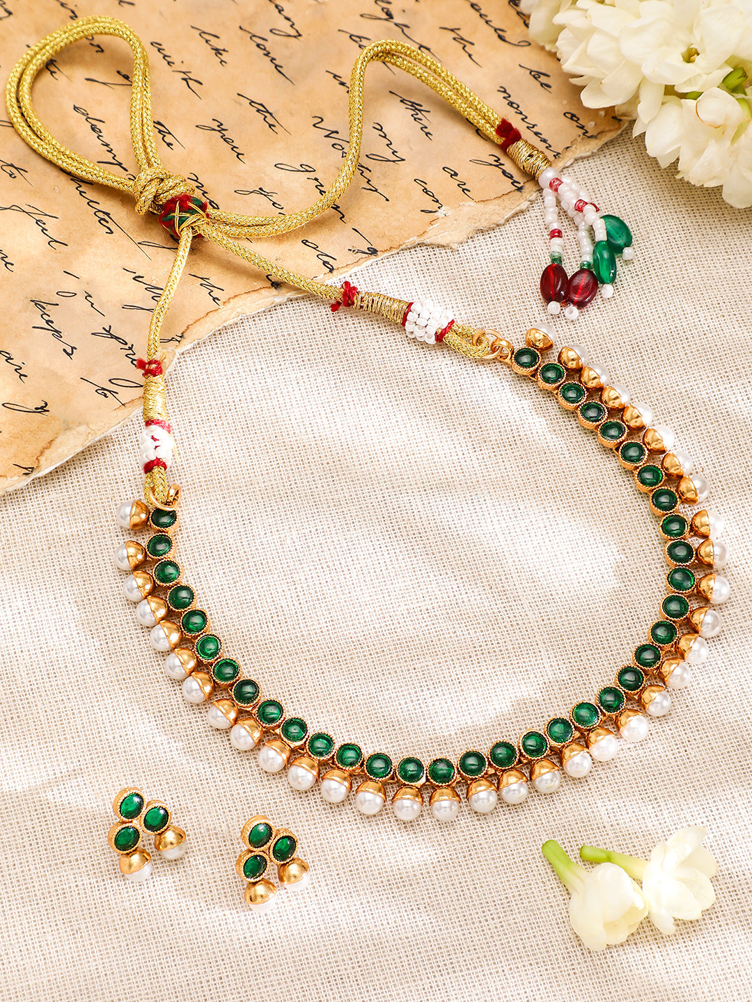 Emerald Studded Pearl Beaded Necklace Set フリーサイズ