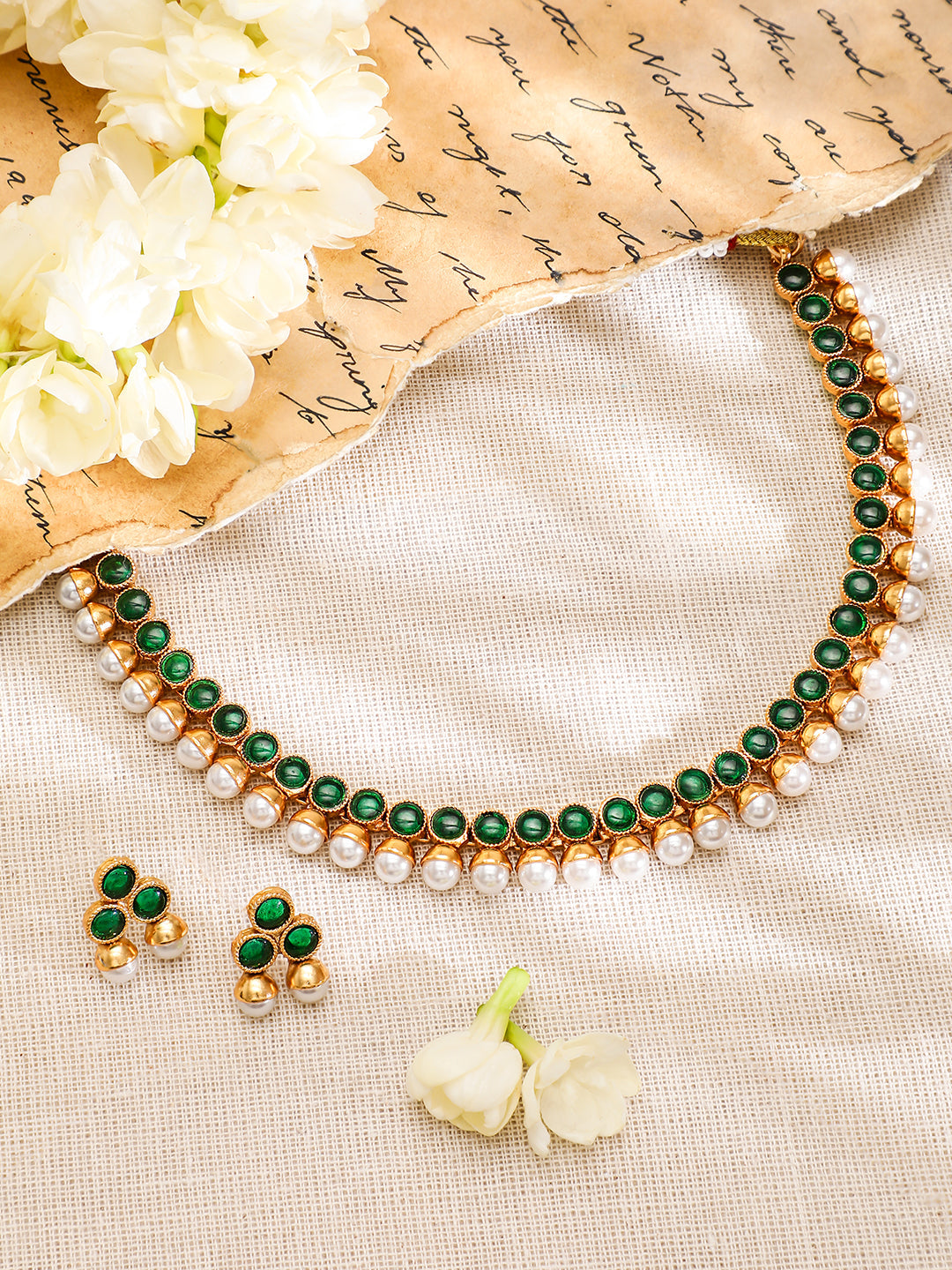 Emerald Studded Pearl Beaded Necklace Set フリーサイズ