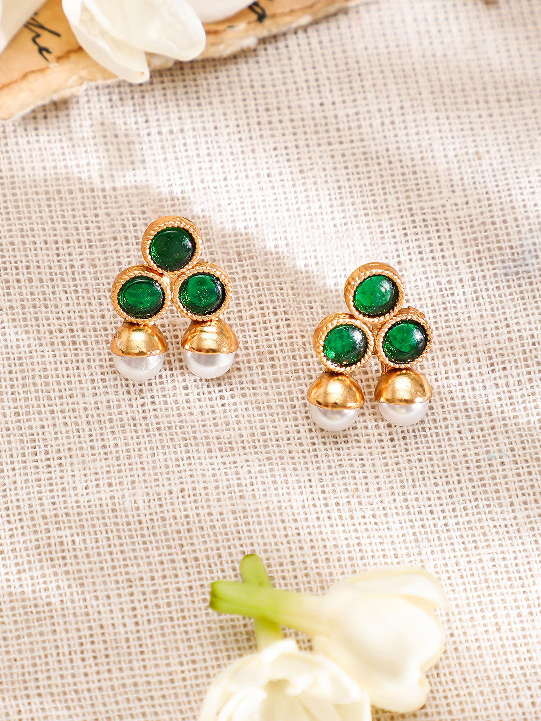 Emerald Studded Pearl Beaded Necklace Set フリーサイズ
