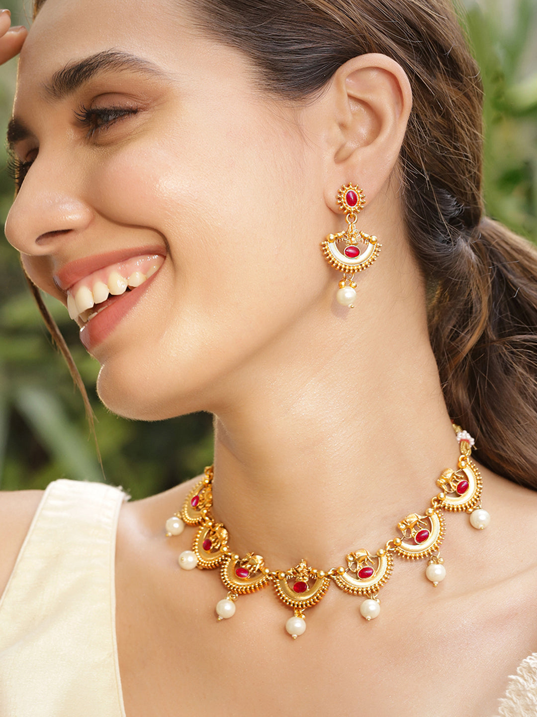 Half Moon Pearl Drop Golden Necklace Set Gold