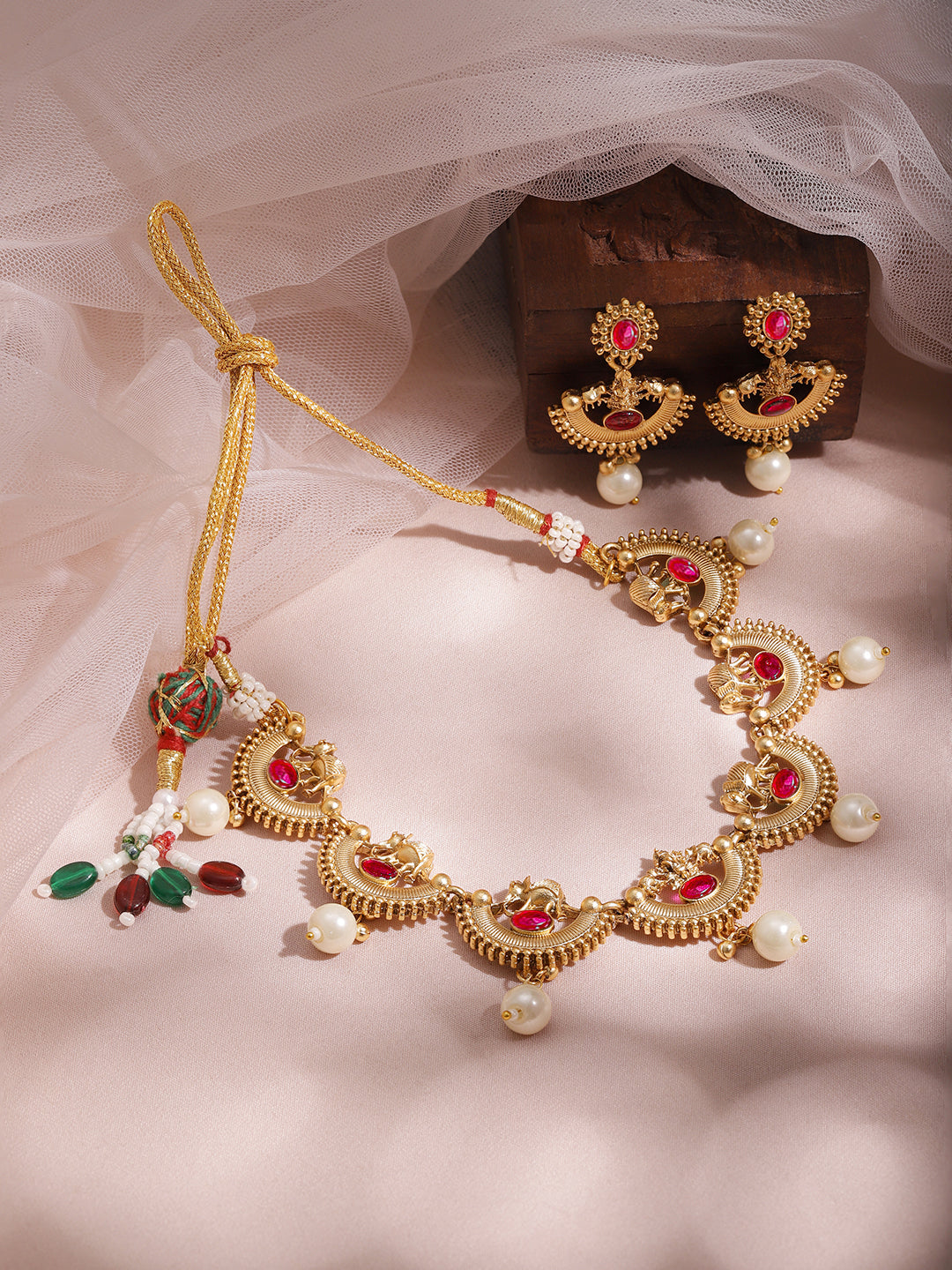 Half Moon Pearl Drop Golden Necklace Set Gold