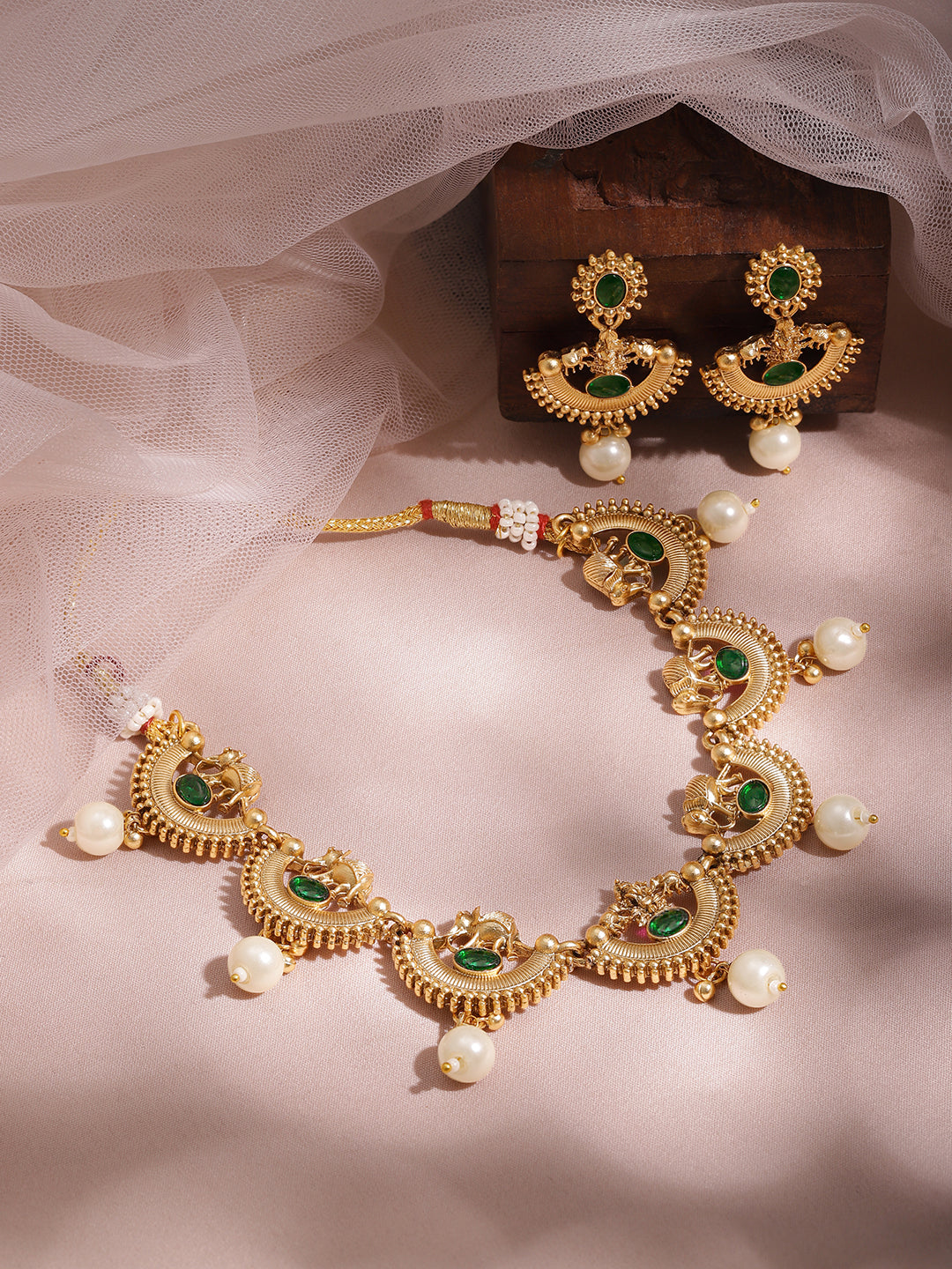 Half-Moon Pearl Drop Gold Necklace Set Gold