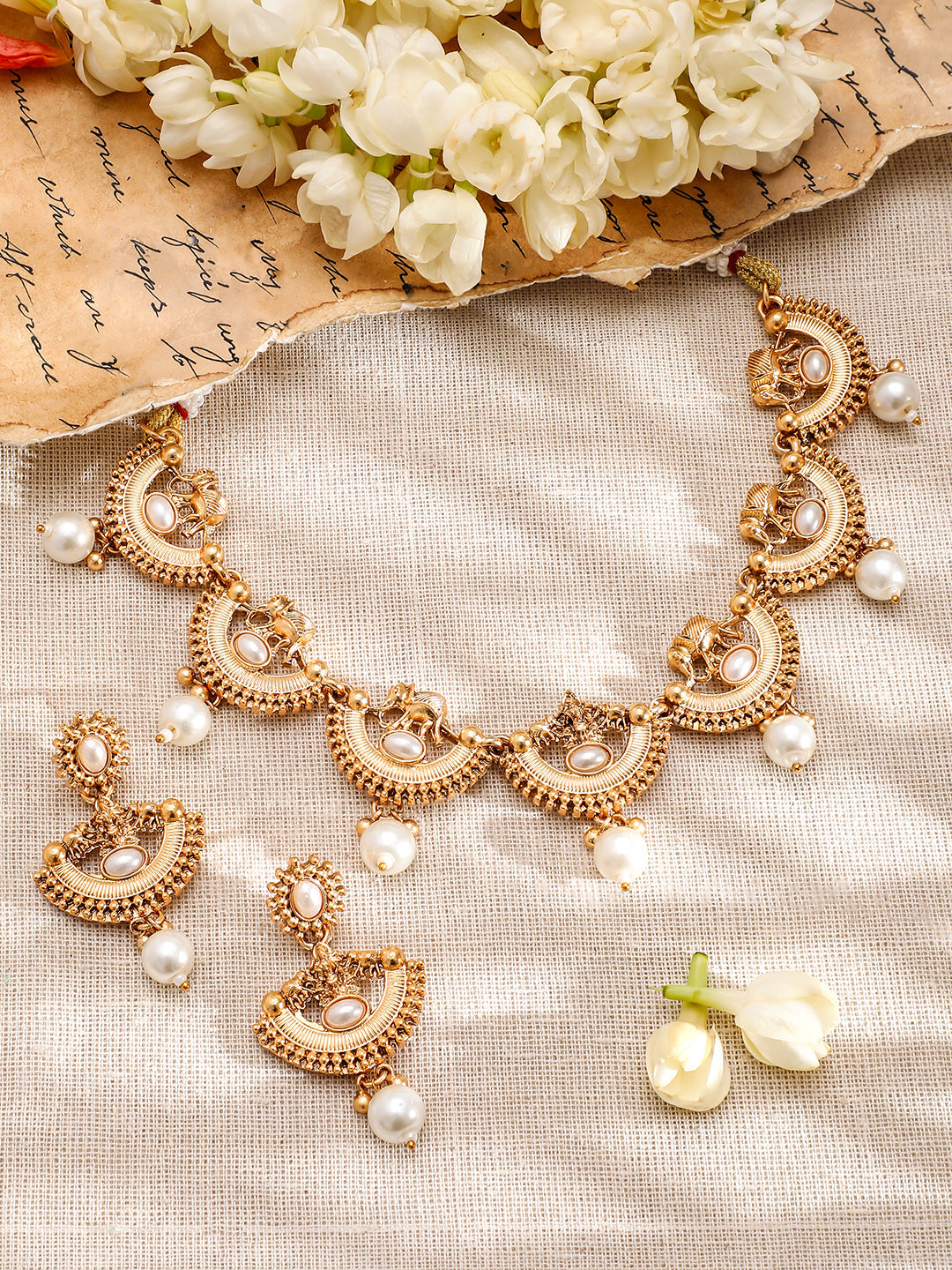 Golden Temple Necklace Set with Pearl Drops Gold