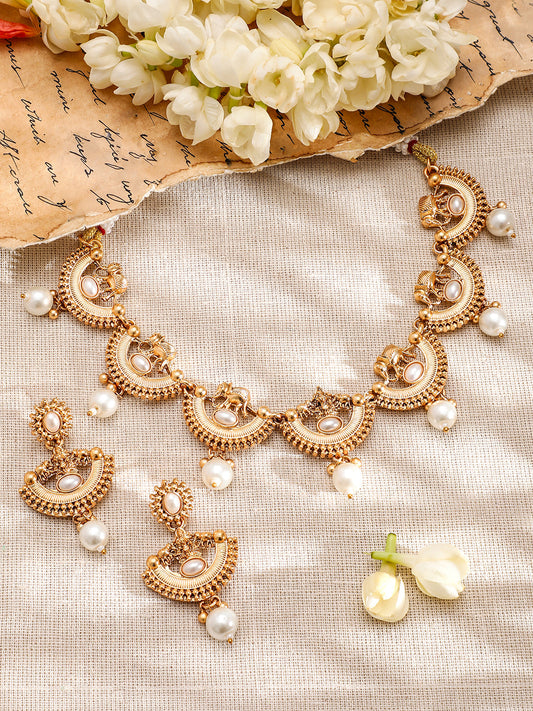 Golden Temple Necklace Set with Pearl Drops Gold