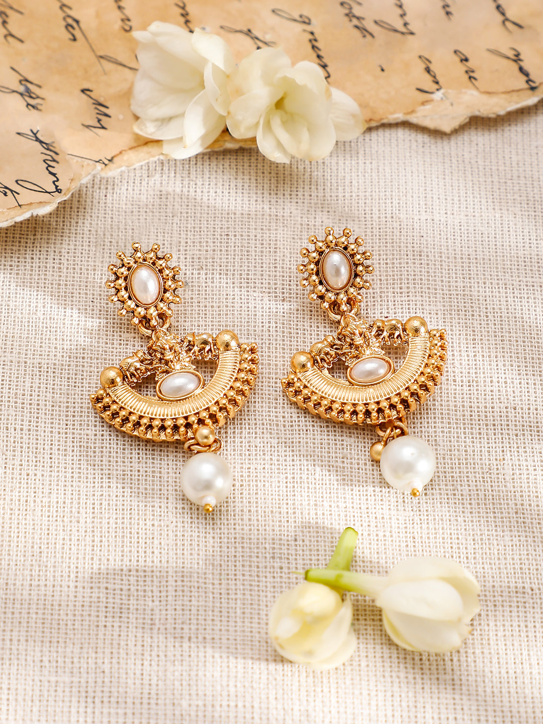 Golden Temple Necklace Set with Pearl Drops Gold