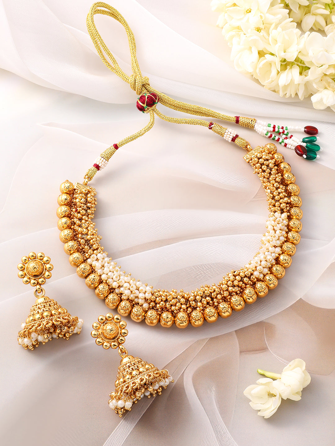 Golden Pearl Beaded Necklace Set Gold