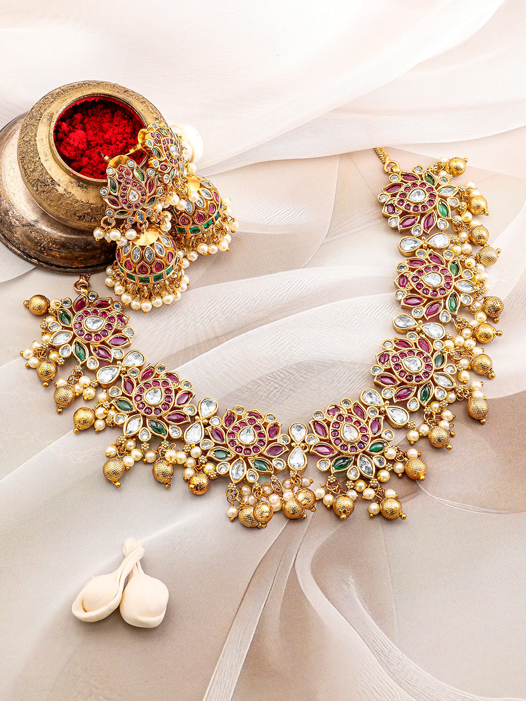 Red & Green Floral Design Studded Necklace Set フリーサイズ