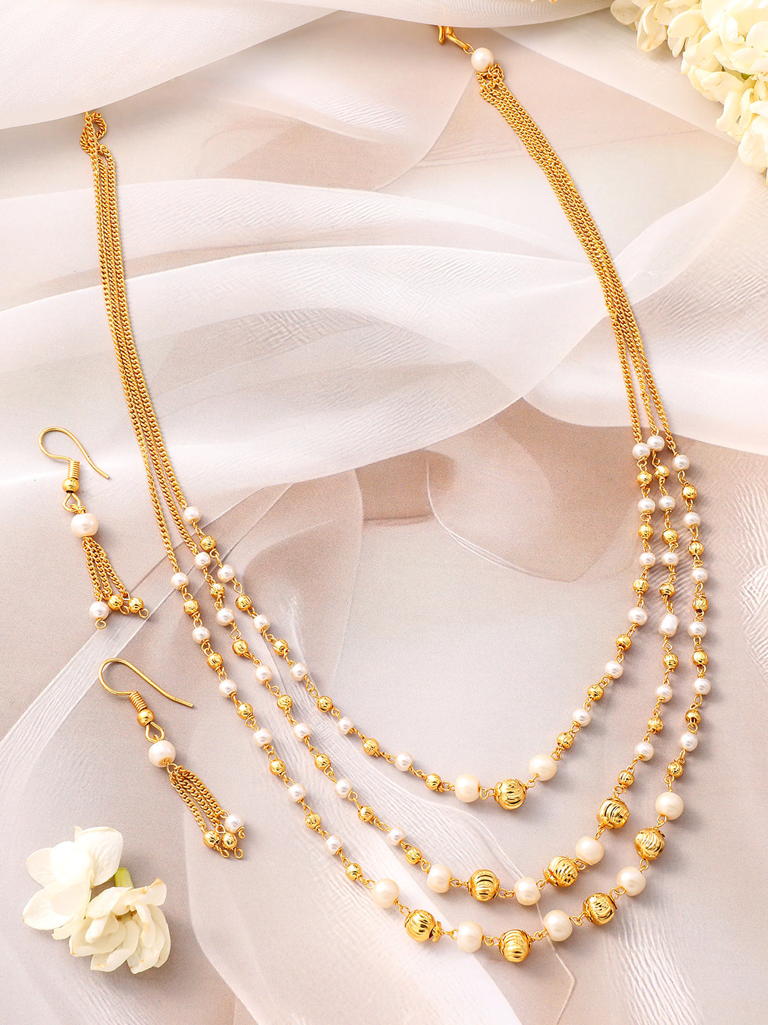 Triple Layered Pearl Beaded Necklace Set フリーサイズ