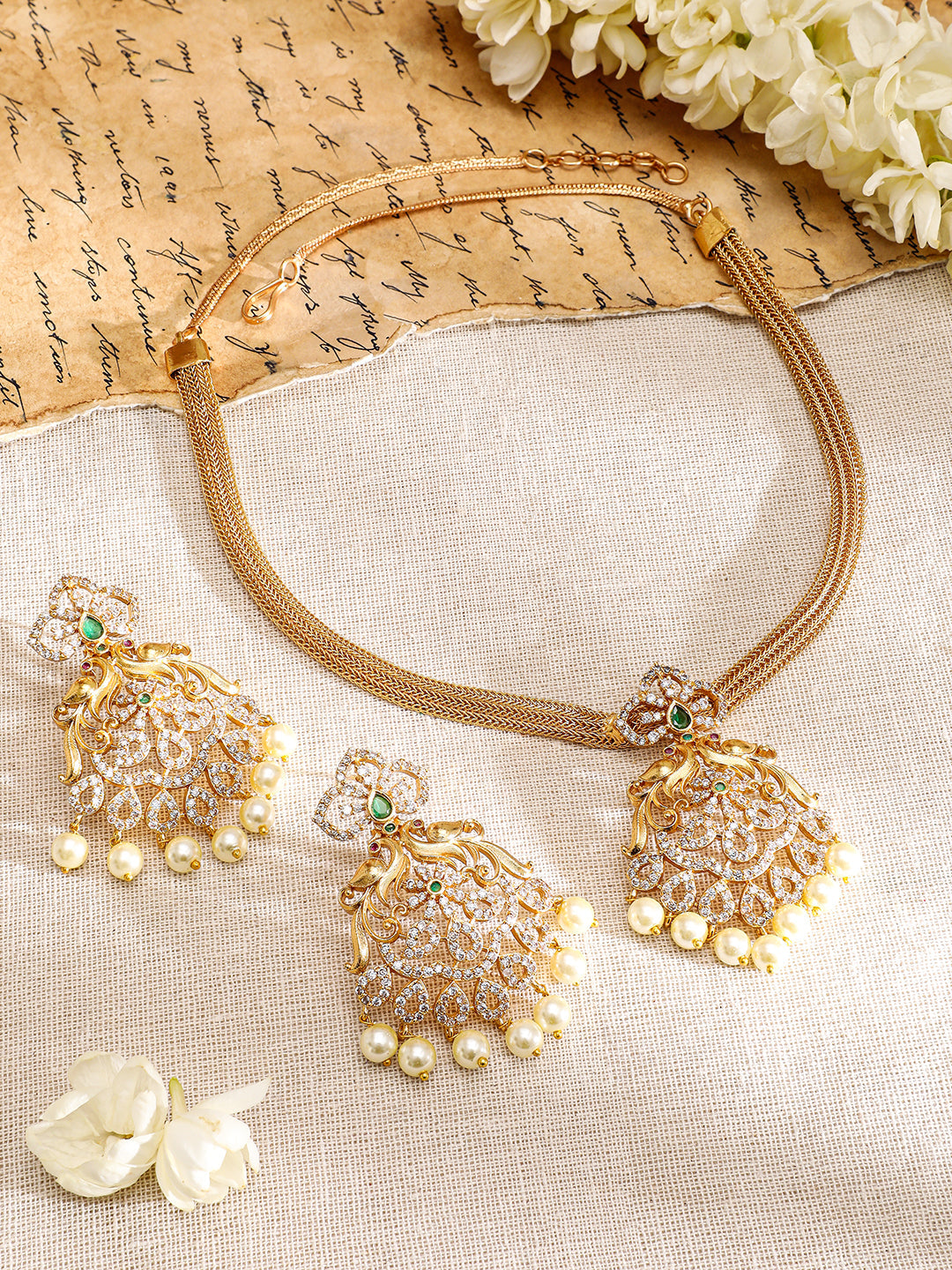 Pearl Drop American Diamond Zirconia Gold Necklace Set フリーサイズ